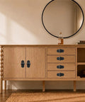 Four Pack Matte Black Cabinet Knobs With Sleek Backplates showcasing vintage floral detail on a wooden sideboard.