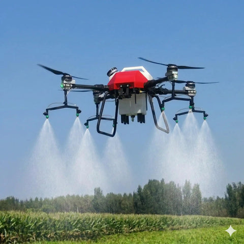 Workhorse Crop Sprayer Drone With 8 Gallon Payload spreading granules over farmland, 30 to 38 acres per hour efficiency.