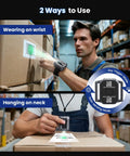 Man using wristband wearable barcode scanner for hands free scanning fast 1D 2D code capture pro grade portable Bluetooth USB QR reader
