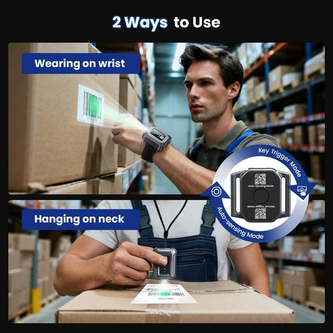 Man using wristband wearable barcode scanner for hands free scanning fast 1D 2D code capture pro grade portable Bluetooth USB QR reader
