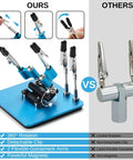 Comparison of Soldering Helping Hands Set With 360 Degree Adjustable Magnetic Arms And Four Gooseneck Clamps Compact Steel Base vs standard model.