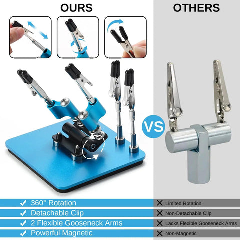 Comparison of Soldering Helping Hands Set With 360 Degree Adjustable Magnetic Arms And Four Gooseneck Clamps Compact Steel Base vs standard model.