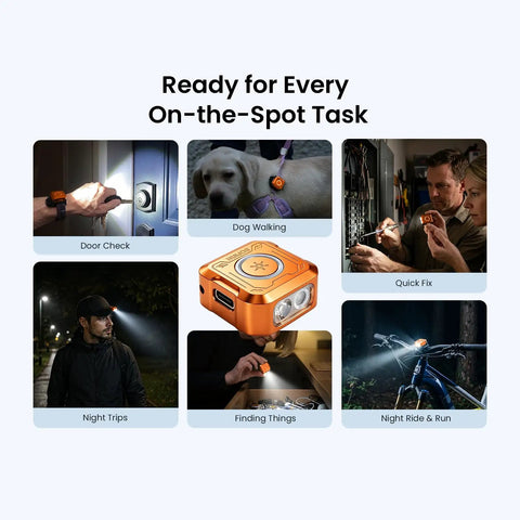 Collage showing SE1 Keychain Flashlight Compact 300 Lumen EDC Light with various uses like door check, dog walking, and night riding.