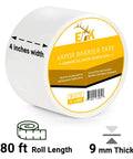 Heavy Duty Vapor Barrier Tape 4 Inch By 180 Feet Polyethylene Seam Tape For Moisture Barrier Crawlspace Encapsulation And Waterproof Marine Sealing White Finish, roll showing dimensions and thickness