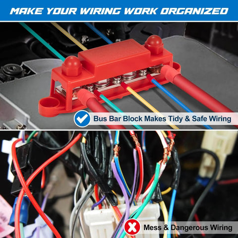 Beefy 12V 24V 48V Power Distribution Block Bus Bar With Four M10 Terminal Studs And Six M4 Screw Terminals, 250A Max, shown installed in car wiring system with organized cables, contrasted with messy wiring below.