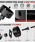 12-Piece Hole Saw Kit by Amazon; black steel hole saws (3/4"–2-1/2"), arbors, drill bits, and hex key