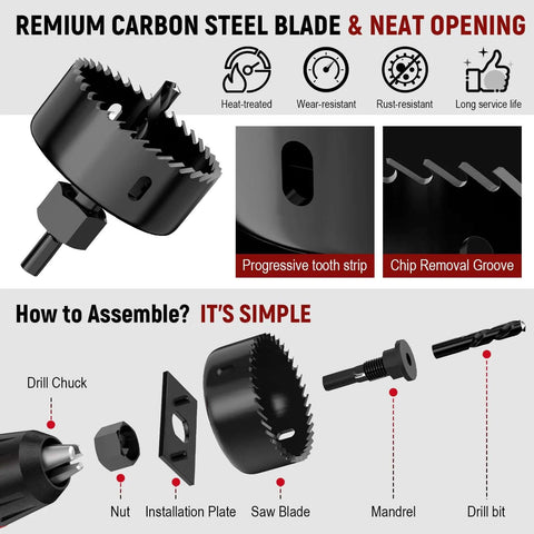 12-Piece Hole Saw Kit by Amazon; black steel hole saws (3/4"–2-1/2"), arbors, drill bits, and hex key