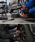 Top Shelf 21V Brushless Cordless Drill And Impact Driver Combo in use for vehicle tire installation in a garage.
