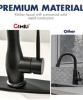 GIMILI Matte Black Commercial Kitchen Faucet with Pull Down Sprayer close-up showing solid metal construction and sleek design.