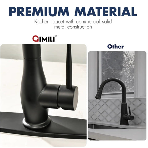 GIMILI Matte Black Commercial Kitchen Faucet with Pull Down Sprayer close-up showing solid metal construction and sleek design.