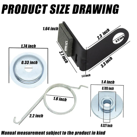 Product size diagram for 2 Pack Beefed Up Brake Pad Kit For 42 Inch Deck Tractors And Lawn Mowers With Retainer And Torsion Spring