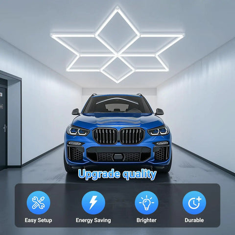Hexagon LED Garage Light With Diamond Grid 710W 78100LM Mega Bright Ceiling Fixture for car basement installation view