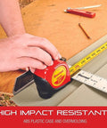 Person using a retractable pocket tape measure with imperial readings, nylon coated blade, steel belt clip, self adjusting end hook.