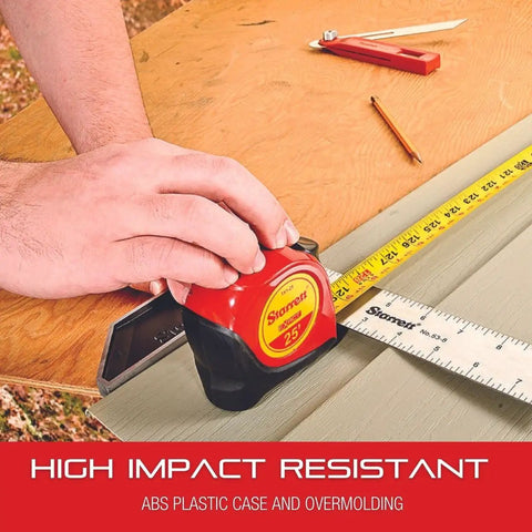 Person using a retractable pocket tape measure with imperial readings, nylon coated blade, steel belt clip, self adjusting end hook.