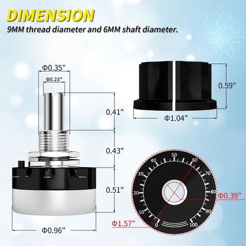 Dope 10K Potentiometer With A03 Knob And Dial For Inverter Speed Control Single Turn Carbon Film Rotary Potentiometer 10K Ohm 300 Degree Travel 6mm Shaft 9mm Thread 1.6 By 1.5 Inch Body For Motor Speed Regulation. Dimensions diagram showing 6mm shaft, 9mm thread, knob, and 1.57-inch dial.