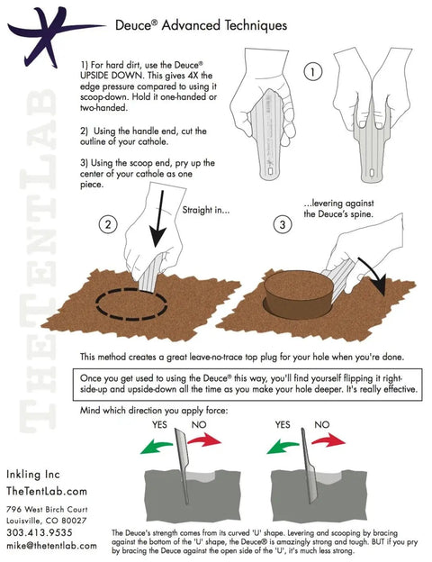 Diagram showing Deuce Of Spades Ultralight Backpack Trowel Three Size Kit techniques for digging in hard dirt.