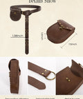 Snag This Kickass PU Leather Medieval Belt With Vintage Pirate Pouch Bag Heavy Duty Metal Clasp Adjustable Hip Fanny Pack For Renaissance Cosplay And Trail Runs Durable Brown Strap Fits Everyone Smooth Ride details showing belt and pouch dimensions.
