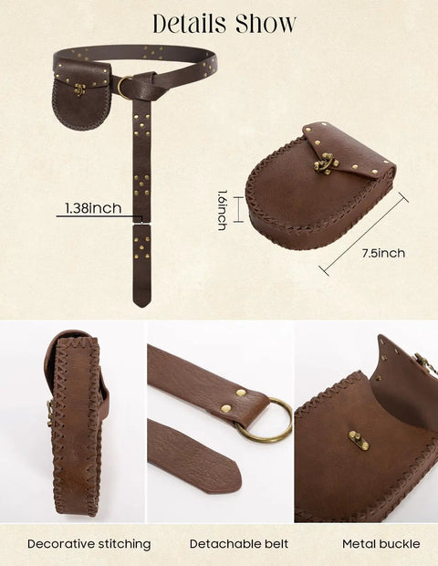 Snag This Kickass PU Leather Medieval Belt With Vintage Pirate Pouch Bag Heavy Duty Metal Clasp Adjustable Hip Fanny Pack For Renaissance Cosplay And Trail Runs Durable Brown Strap Fits Everyone Smooth Ride details showing belt and pouch dimensions.
