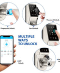 Display of 5 In 1 Dope Smart Fingerprint Door Lock For Front Door With App Control And Virtual Password Includes IC Card Fob Key And Code
