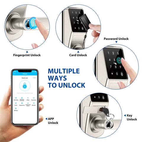 Display of 5 In 1 Dope Smart Fingerprint Door Lock For Front Door With App Control And Virtual Password Includes IC Card Fob Key And Code