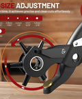 2 In 1 Leather Hole Punch And Eyelet Setter Tool with five size adjustments for belts, watch bands, fabric, on a wooden table