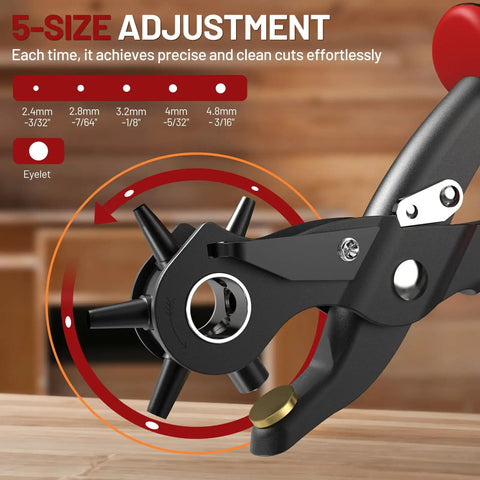 2 In 1 Leather Hole Punch And Eyelet Setter Tool with five size adjustments for belts, watch bands, fabric, on a wooden table