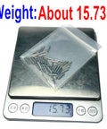 Built Tough Precision Ground 2mm X 10mm Dowel Pins 60 Pack stainless steel on scale weighing about 15.73g.