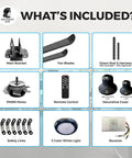 Massive 100 Inch Industrial Ceiling Fan Packing Hella Smooth Badass Cooling Airflow With Whisper Quiet Pmsm Motor Heavy Duty Wireless Remote And Bright Led Light For Garage Warehouse Patios accessories included: main bracket, fan blades, PMSM motor, remote control, decorative cover.