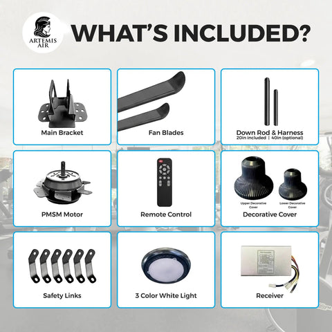 Massive 100 Inch Industrial Ceiling Fan Packing Hella Smooth Badass Cooling Airflow With Whisper Quiet Pmsm Motor Heavy Duty Wireless Remote And Bright Led Light For Garage Warehouse Patios accessories included: main bracket, fan blades, PMSM motor, remote control, decorative cover.