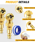 2 Pack Ball Foot Air Chuck Set For Quick Tire Inflation, 1 Quarter Inch NPT Closed Flow Nozzle, brass construction details
