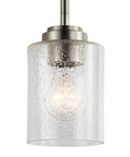 Winslow 7.5 Inch Mini Kitchen Pendant Light with clear seeded glass in brushed nickel, focus on light fixture and glass texture.