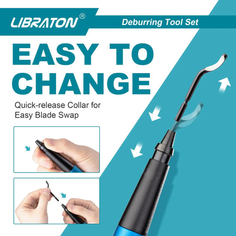Libraton Deburring Tool Kit 12 In 1 With Ergonomic Aluminum Handle showing quick-release collar for easy blade change.