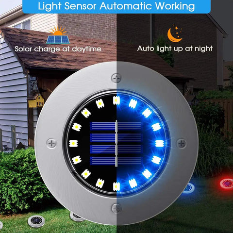 16 Pack Solar Ground Lights Outdoor With 16 LEDs Multi Color Waterproof Landscape Light in garden showing day and night operation