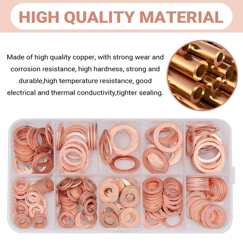 200 Piece Copper Washer Kit For Cars, Metric Crush Washers And Flat Sealing Gaskets, organized in a plastic box.