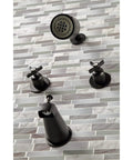 Millennium Double-Handle Tub And Shower Faucet In Polished Brass on tile wall, brass zinc alloy, ABS, washerless cartridge design