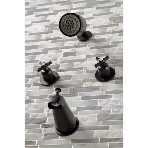 Millennium Double-Handle Tub And Shower Faucet In Polished Brass on tile wall, brass zinc alloy, ABS, washerless cartridge design