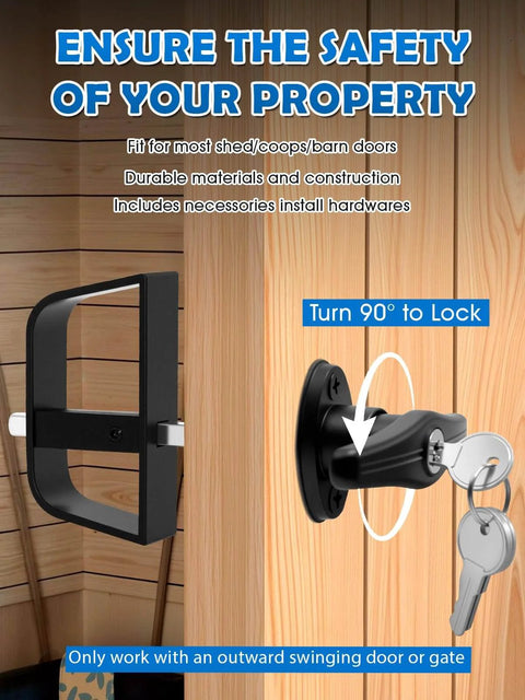 Heavy Duty Shed Door T Handle Lock Latch Kit With Four Keys For Barn Coop Storage Doors, Adjustable 4 3/4 Inch Stem in use on wood door