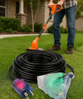 Heavy Duty 200 Ft Outdoor Extension Cord With 14 Gauge 3-Conductor SJTW, Lighted End, shown powering lawn equipment