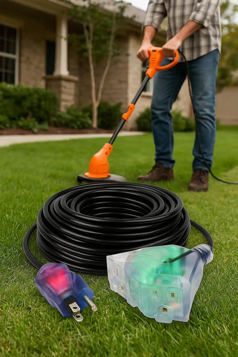 Heavy Duty 200 Ft Outdoor Extension Cord With 14 Gauge 3-Conductor SJTW, Lighted End, shown powering lawn equipment