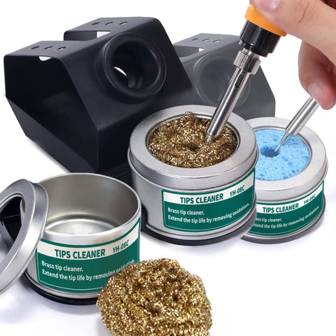 Upgraded 939D I Soldering Station Pro Grade 75W Equivalent with tip cleaning tools, brass and sponge cleaners, hand using iron