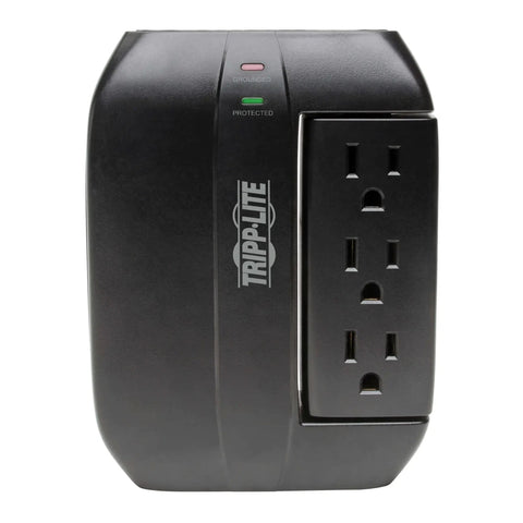 Front view of Six Outlet Pivoting Surge Protector Power Strip With Wall Mount Capability, Black Finish, showing outlets