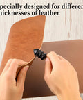 Hella Smooth Rotary Leather Burnisher Bits Set With Multi Groove Polishing Heads For Precision Edge Shaping On Wood And Leather Providing A Sweet Finish For Your Top Shelf Crafting Projects, showing burnishing tool on leather.