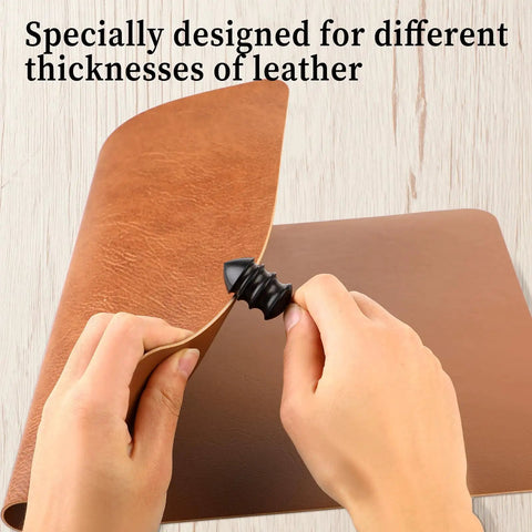 Hella Smooth Rotary Leather Burnisher Bits Set With Multi Groove Polishing Heads For Precision Edge Shaping On Wood And Leather Providing A Sweet Finish For Your Top Shelf Crafting Projects, showing burnishing tool on leather.