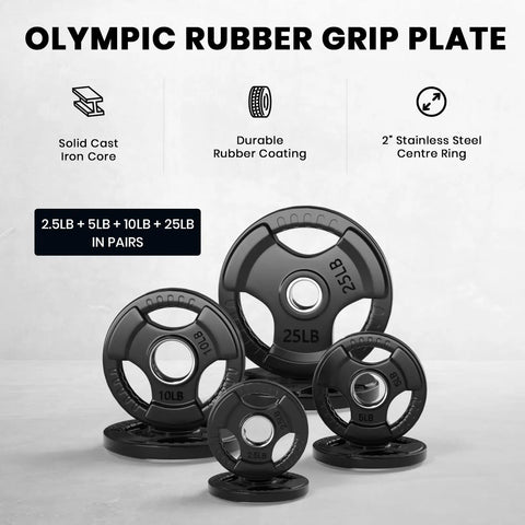 Set of black rubber-coated Olympic weight plates 2.5lb to 25lb for 25mm Grip Black EZ Curl Bar And 85lb Rubber Coated Plates Set