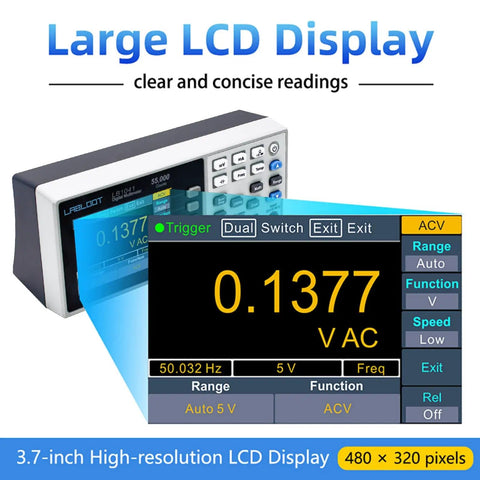 Workhorse Bench Digital Multimeter With 55000 Counts showing AC volts on large 3.7-inch LCD display with function options