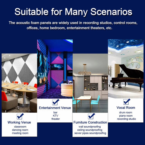 Various acoustic foam panel applications in home studios, entertainment venues, and meeting rooms with Top Shelf 16 Pack Acoustic Foam Wedges And Corner Blocks For Professional Sound Dampening Home Studio Treatment Ultra Rock Solid High Density Noise Control Panels.