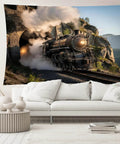 Epic Steam Locomotive Train Tapestry Wall Hanging 118x78 Inches Vintage Engine Emerging From Tunnel Ultra Thick Microfiber