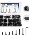 M4 Screw Assortment Kit With 130 M4 Screws And 130 Nuts, 300 Washers, Black Zinc Plated in storage box with hex wrench