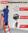 Heavy Duty 5 Step Fiberglass Ladder Foldable With Tool Tray Non Slip Wide Treads Rock Solid 330 Pound Load Capacity For Home Attic Or Outdoor Projects Built Different For No Sweat Access Anywhere You Need It, man using ladder with anti-slip features