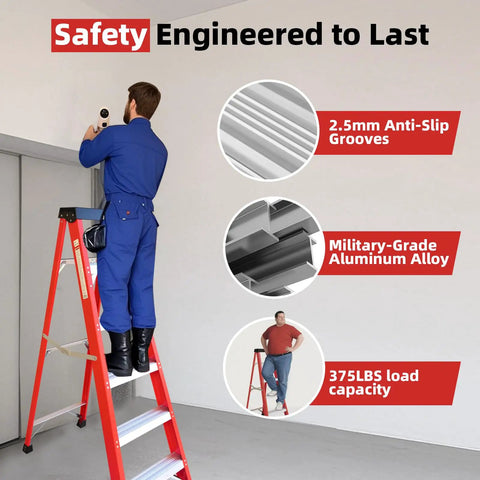 Heavy Duty Fiberglass Step Ladder Built Like A Tank With An Insanely Solid 500 Pound Weight Rating Non Conductive Design For Electricians And Weekend Warriors Doing Real Work in a workshop setting.